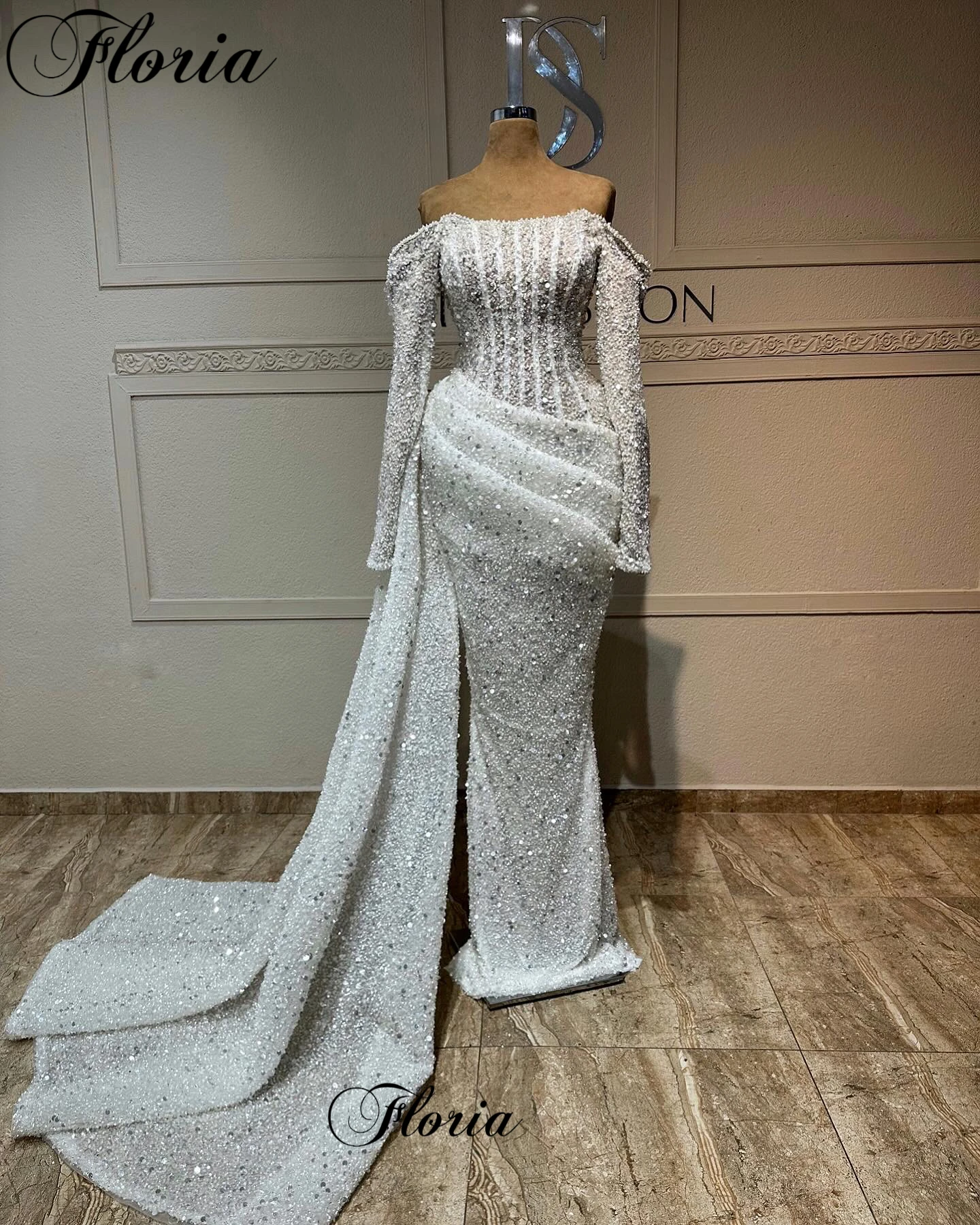 Ivory Sequined Mermaid Evening Dresses For Women Off Shoulder Strapless Wedding Party Dresses 2025 Robes De Soirée Customized