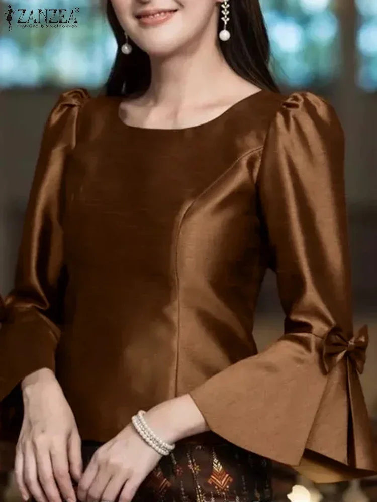 ZANZEA ผู้หญิงวินเทจซาตินเสื้อ Party Office Lady สแควร์คอเสื้อเกาหลีแขนยาวพัฟโบว์เย็บ Tunic Casual Blusas