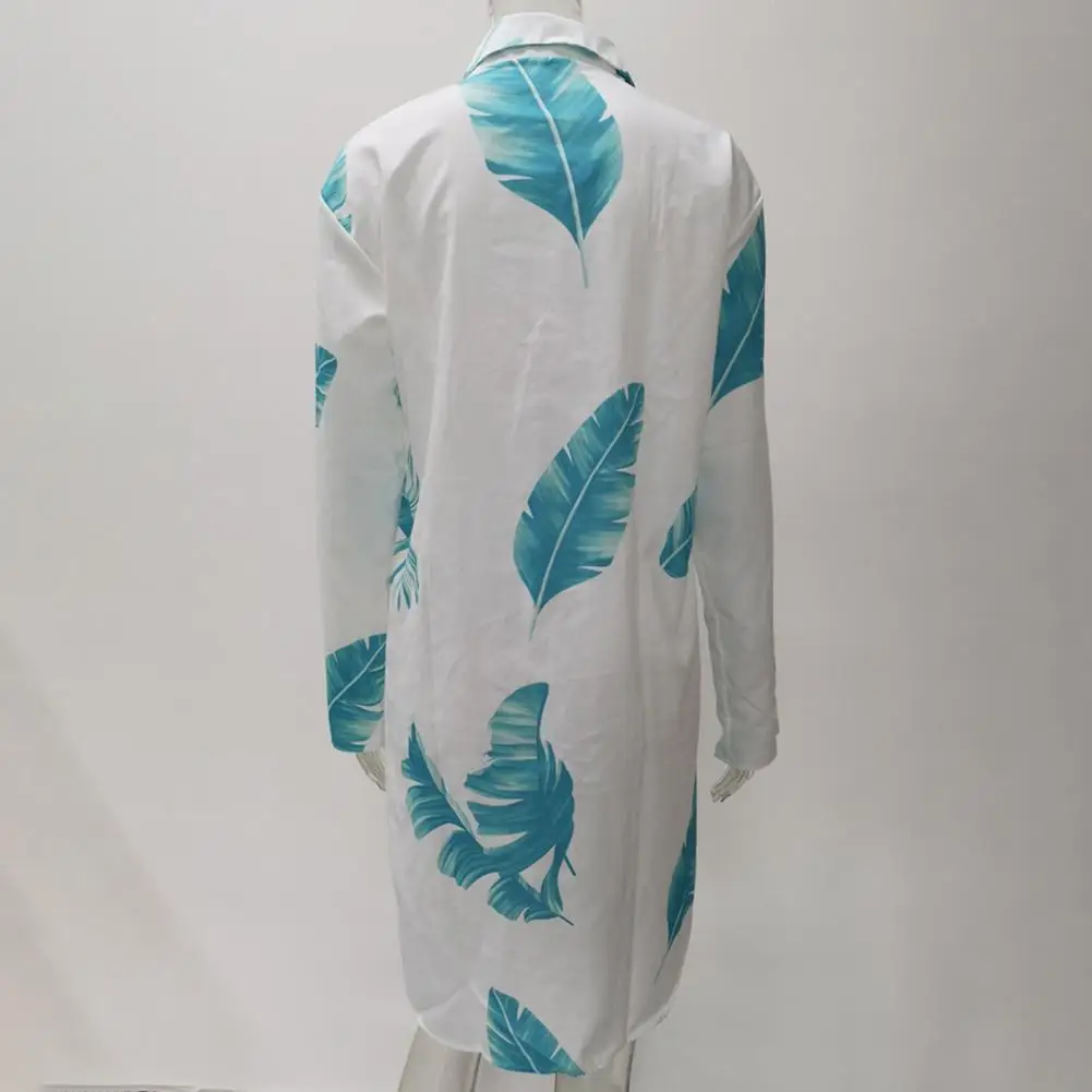 

Resort Wear Dress Leaf Print Vacation Beach Cover-up Dress for Women Loose Long Sleeves Shirt Type Mini Dress Summer Bikini