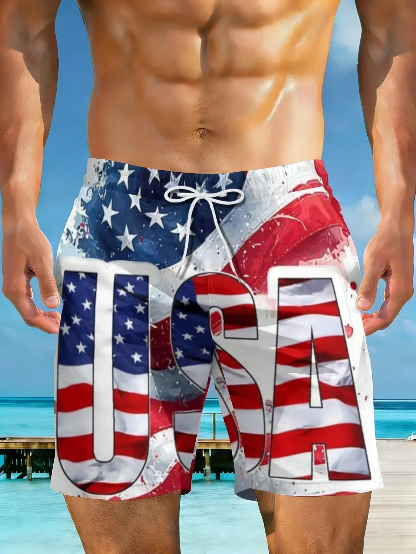 

2026 Summer New Styles American Flag Design Pattern Print Plus Size Men's Casual Beach Shorts Suitable For Summer Outings And Beach Vacations Surfing And Relaxation Activities