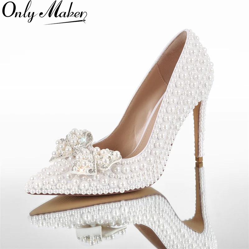 Onlymaker, zapatos de tacón de novia blancos con punta estrecha para mujer, zapatos de tacón fino de 11CM con perlas de cristal, zapatos de tacón de aguja para fiesta, boda y novia
