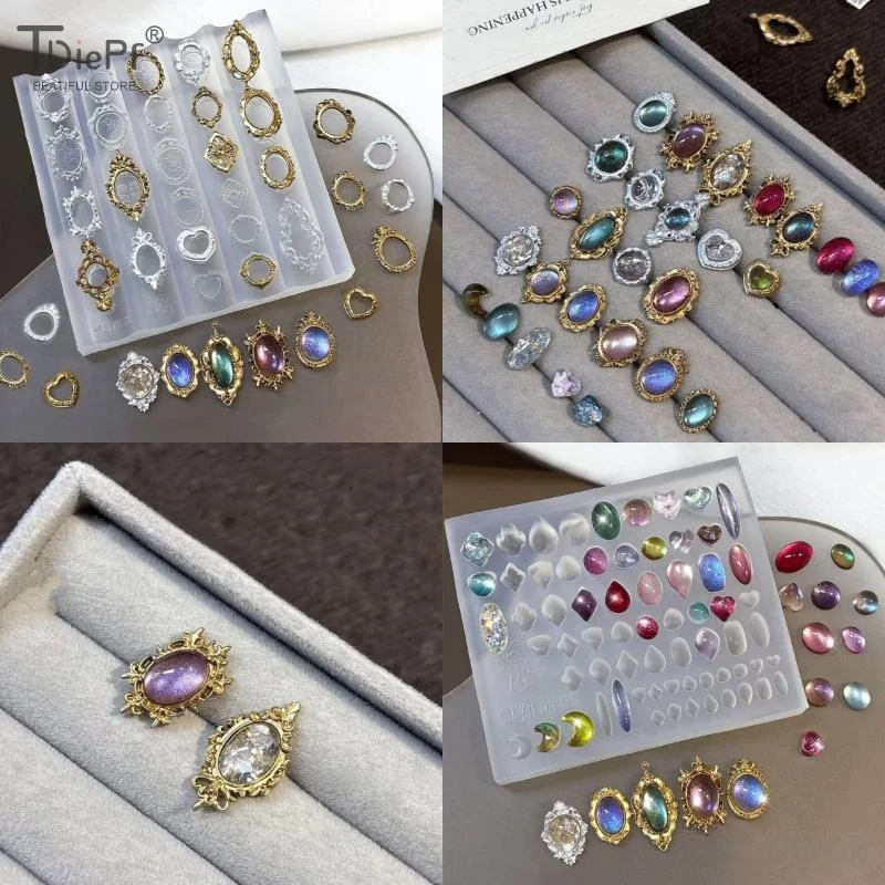 Retro Picture Frame Gem Baroque Shell Carving 3D Relief Manicure Templates Nail Art Transparent Silicone Nail Mold