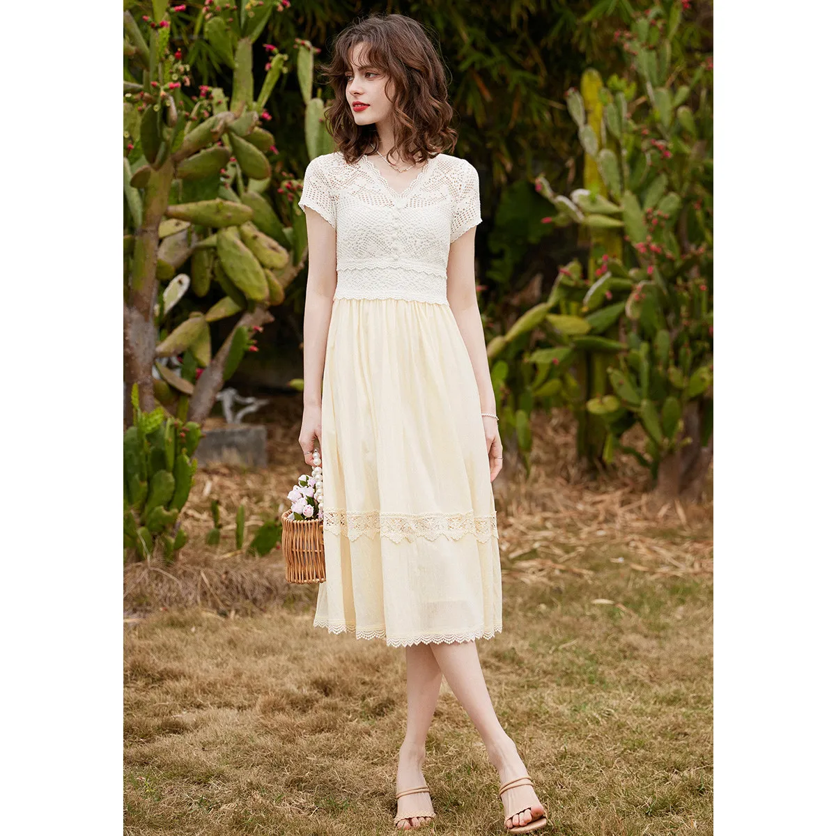 LOUIS YAO Women Dress Elegant Lace V Neck Short Sleeve 2024 Summer A-LINE Slim Fit Long Apricot Dress