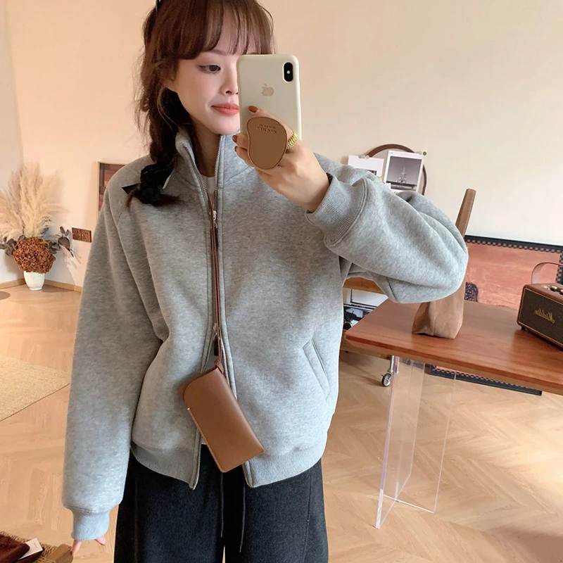 Inverno Nuovo Casual Thiened Fce Felpa Calda Thi Capispalla Doppia Cerniera Con Cappuccio Colletto alla coreana Cappotto Faionable da donna...