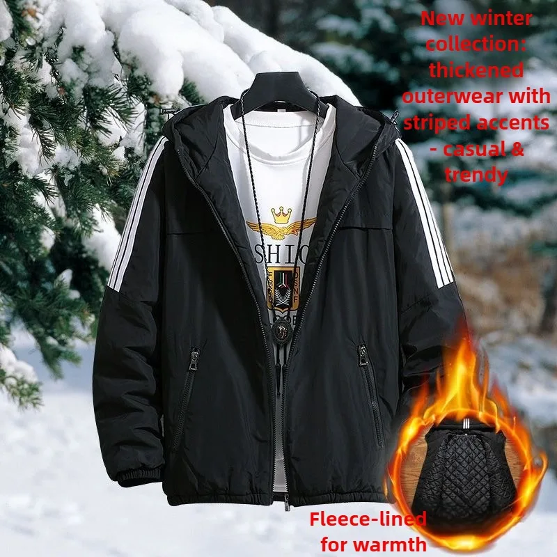 

New Men's Warm Winter Jacket, Fleece Lined Thick Coat with Striped Design, Casual Outerwear