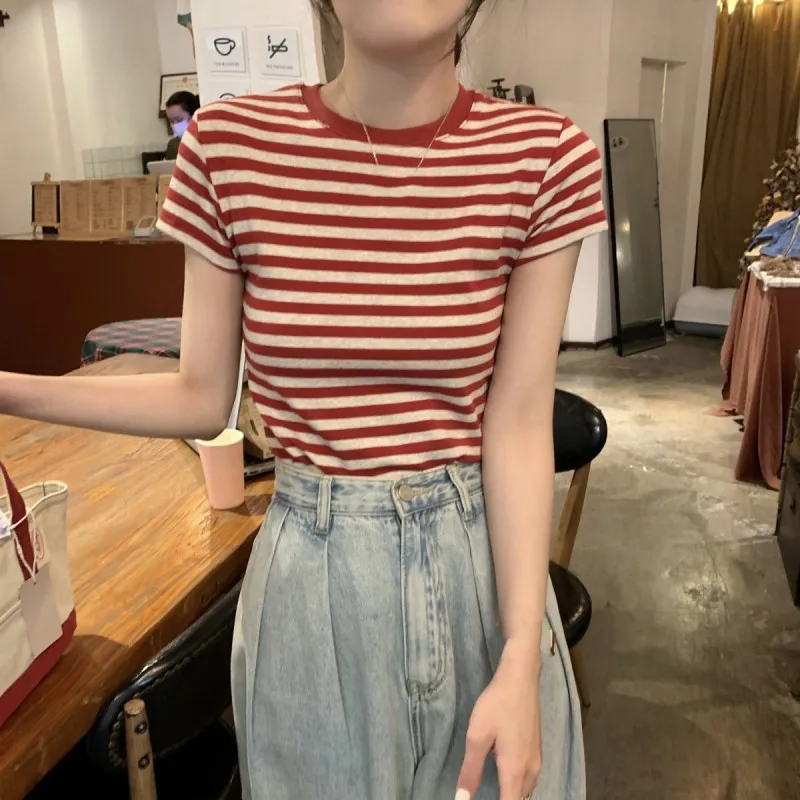 Women Top summer Crew Neck Stripes Contrast Casual Fashion Simple Versatile Short-sleeved T-shirt