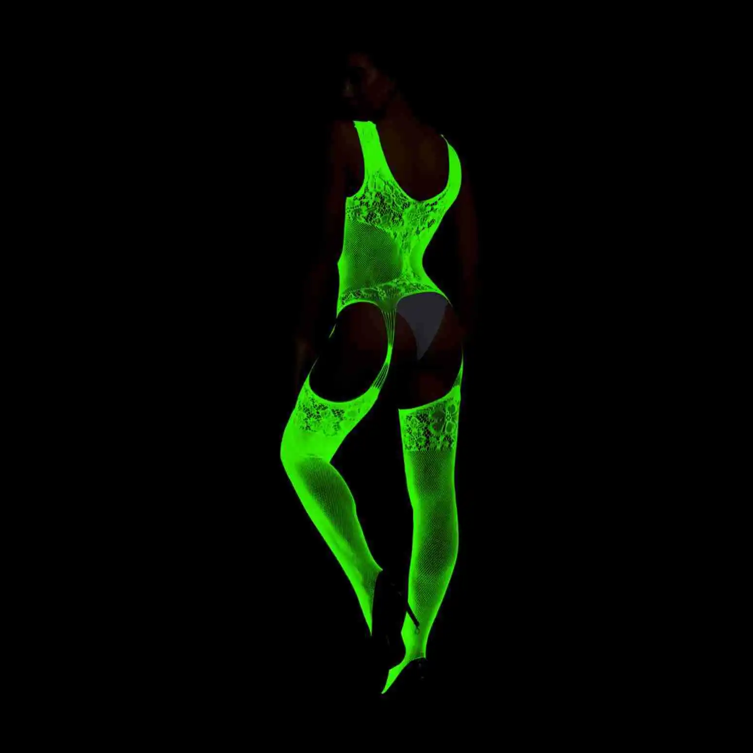 Brilha no escuro lingerie sexy bodysuits catsuit feminino transparente crotchless roupas sexuais ver através do corpo meias quente erótico