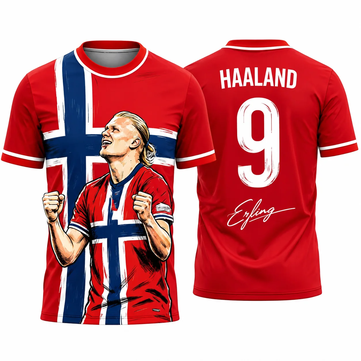 Haaland #9 Norway Soccer Jersey Hand Drawn Portrait Norway Flag Print Short Sleeve Breathable Tee For Men And Women