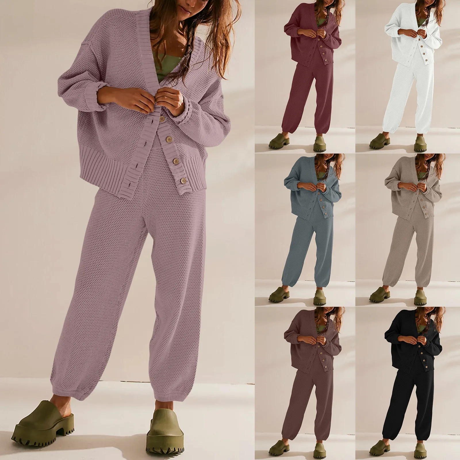 Nuovi set da 2 pezzi completi da donna maglione a maniche lunghe moda Pullover lavorato a maglia monopetto Top e pantaloni eleganti set da donna