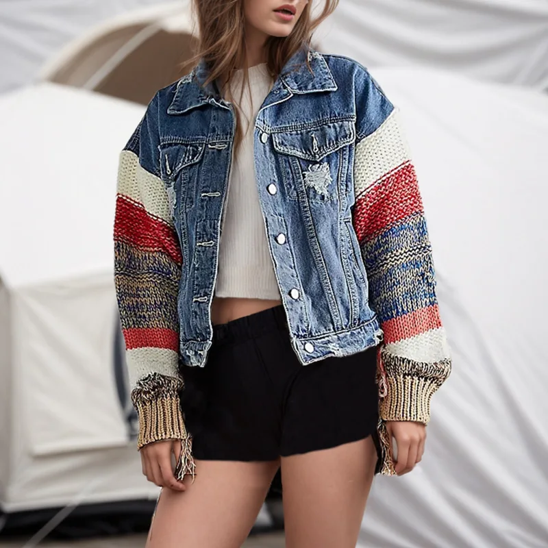 2024 Spring New Street Trendy Style Contrast Colored Spliced Knitted Sleeves Design Feel Denim Coat Loose Jacket