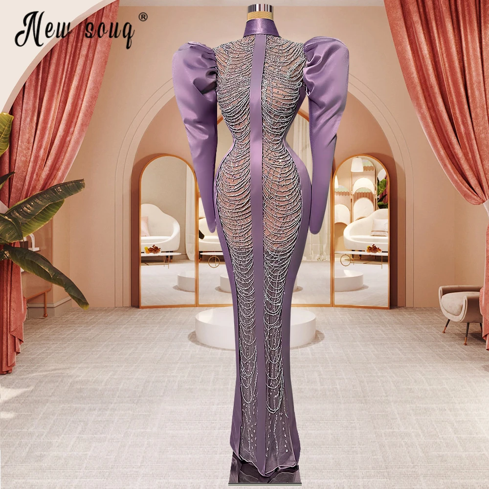 Purple Long Sleeve Evening Dresses Dubai Full Silver Beaded Mermaid Party Gowns 2024 Sexy Hollow Out High Neck Gala Dresses