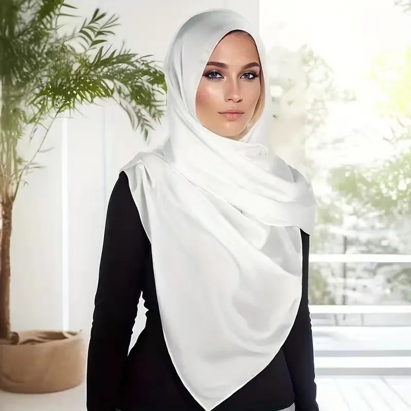 Fashion 90x180cm Solid Color Satin Muslim Hijab Soft Silk Feeling Headscarf Outdoor Beach Sunscreen Shawl