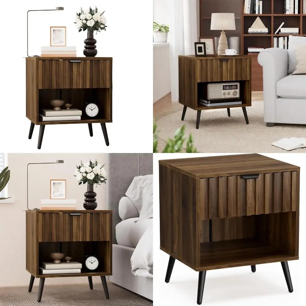 

Mid-Century Walnut Nightstand with Fluted Drawer and Open Shelf for Modern Bedroom