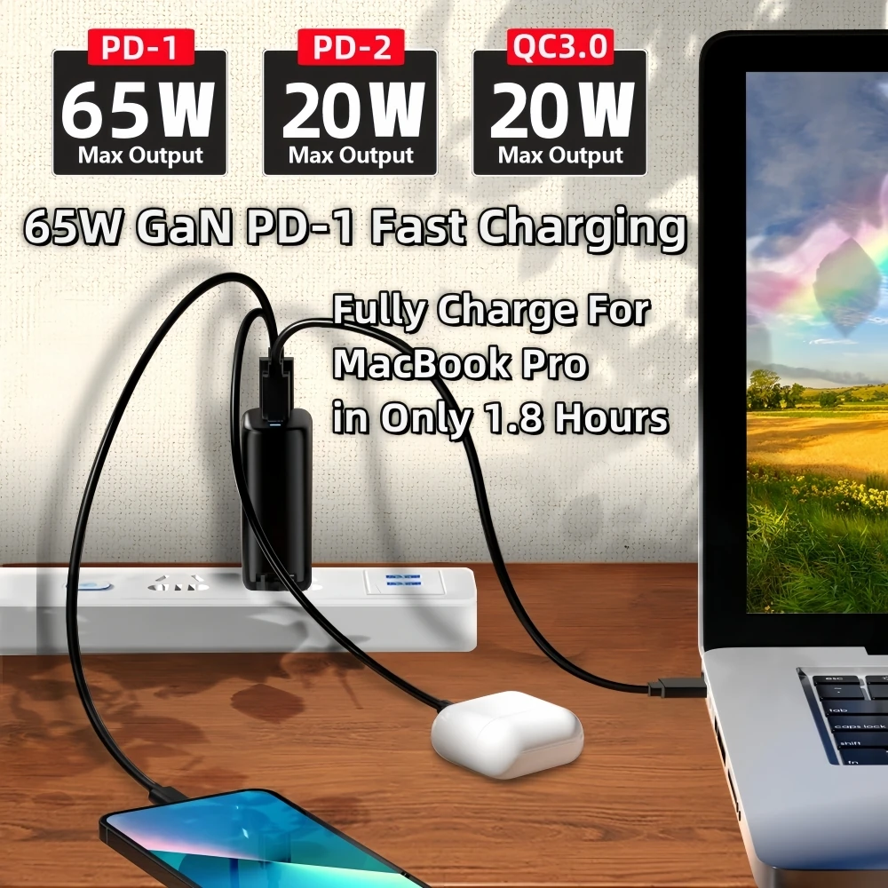 Real 85W GaN Quick Charger PD QC 3.0 USB Type-C Fast Charging Laptop Notebook Power Adapter for Iphone 15 14 Pro MacBook Samsung