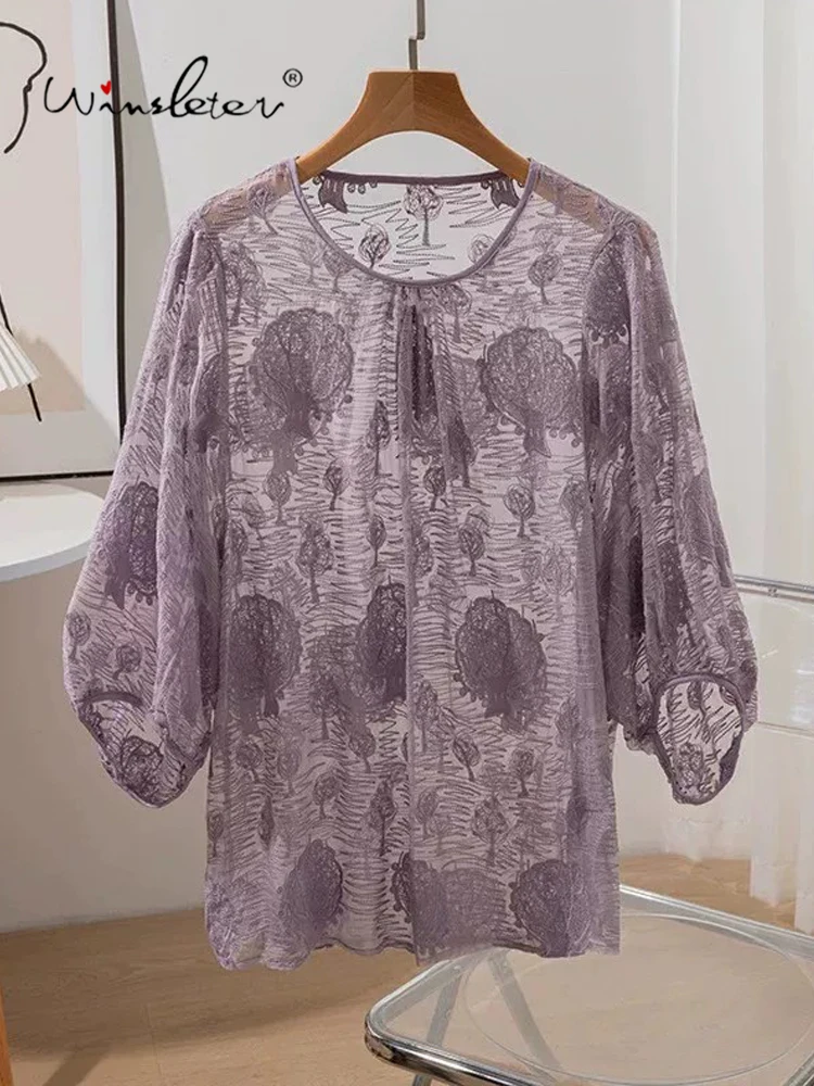 Winsleter-100%Real Silk Elegant T-Shirt, Lantern Sleeve Embroidery, Women Vacation Loose Sunscreen Top, 2026 Autumn New T69535CC