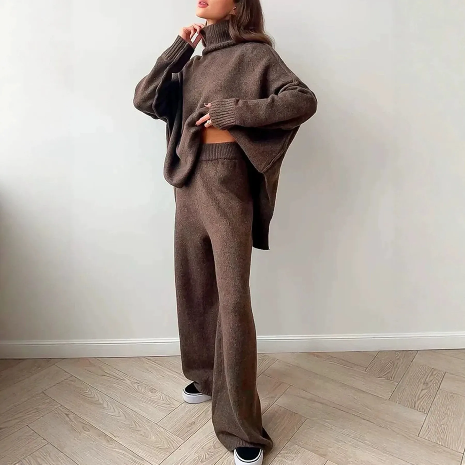 Casual Top Loose Fit Straight Leg European and American Style with Winter Full Length Wrinkle Finish Streetwear Women Sets