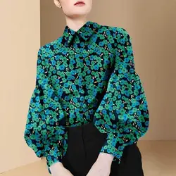 Fashion Lantern Sleeve Vintage Printed Polo-Neck Shirt Oversized Commute Tops Long Sleeve Loose Casual Women's Clothing Blouse