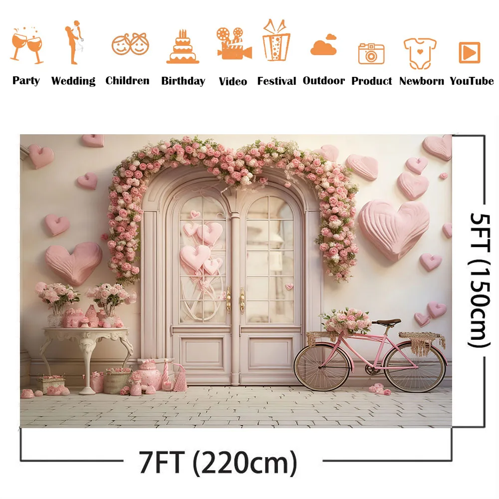 Pink Heart Valentine's Day Photography Background Retro White Door Photo Backdrop Studio Kids Portrait Photoshoot Props