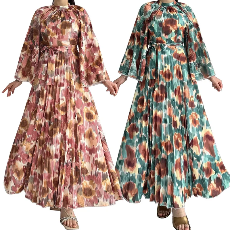 Muçulmano novo floral impressão com cinto longo moda vestido alargamento mangas meia gola modesto vestido de noite vestido Jakarta