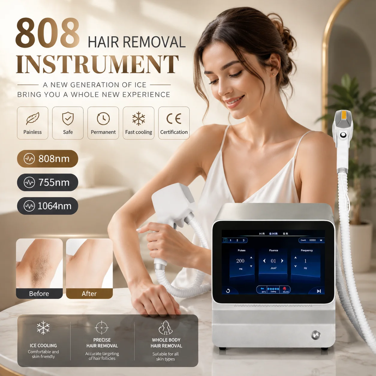 808nm Professional Diode Hair Removal Machine with Ice Cooling System Skin Rejuvenation Painless Permanent Hair Reduction