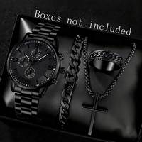 2/4PCS Black Men Watch Set Fashion Classic Three Eye Quartz Watch Jewelry Set Suitable for Daily Clothing Matching Perfect Gift
