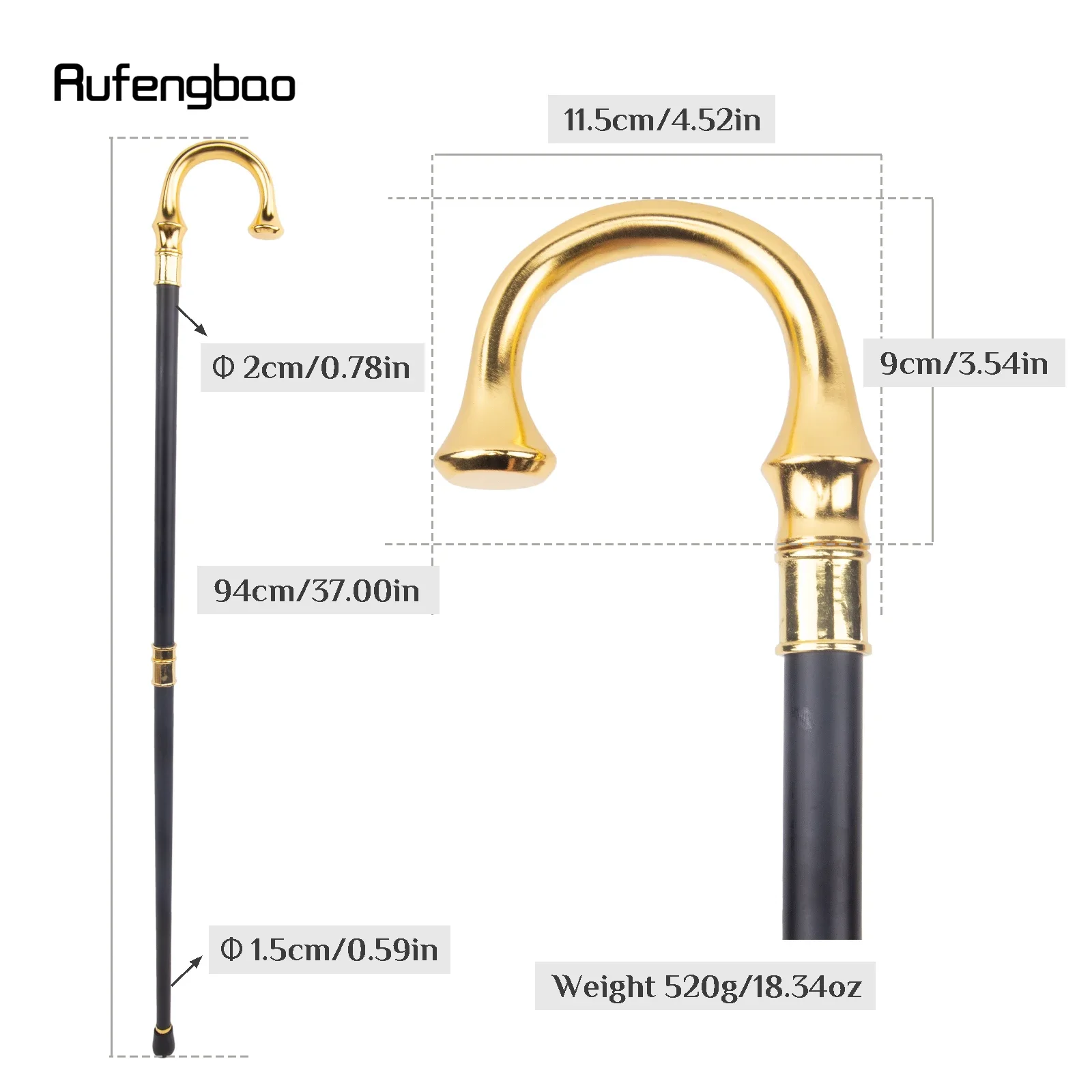 Golden U Hanger Fashion Walking Stick Decorative Walking Stick Cospaly Vintage Party Fashionable Walking Cane Crosier 94cm