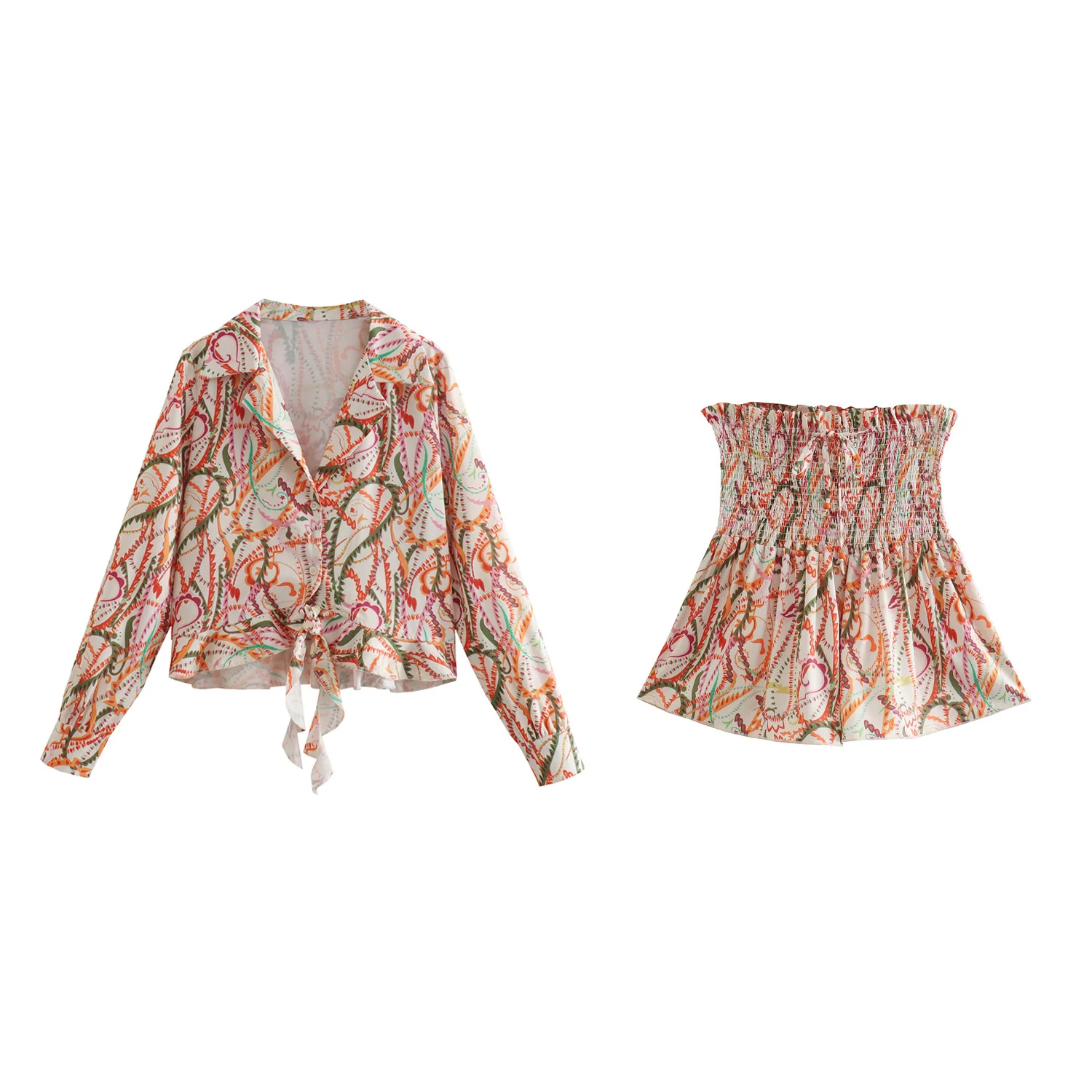 

ZBZA Women Printed Lace-up Shirt Shorts Set Lapel Long-sleeved Cropped Top High Waist A-line Shorts Spring Summer New Chic Suit