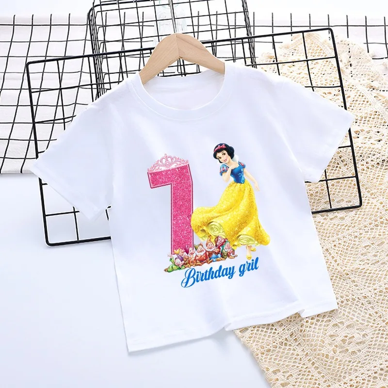 Branca de neve crianças camiseta meninas bonito manga curta 1-9 anos de idade aniversário t camisas de algodão roupas de verão criança moda topos