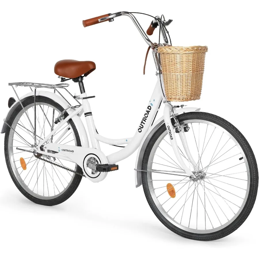 

24 26 inch Beach Cruiser Bike for Women and Men - Multi Color Commuter Bicycle with Basket Rear Rack Front Rear Fenders 1 Speed