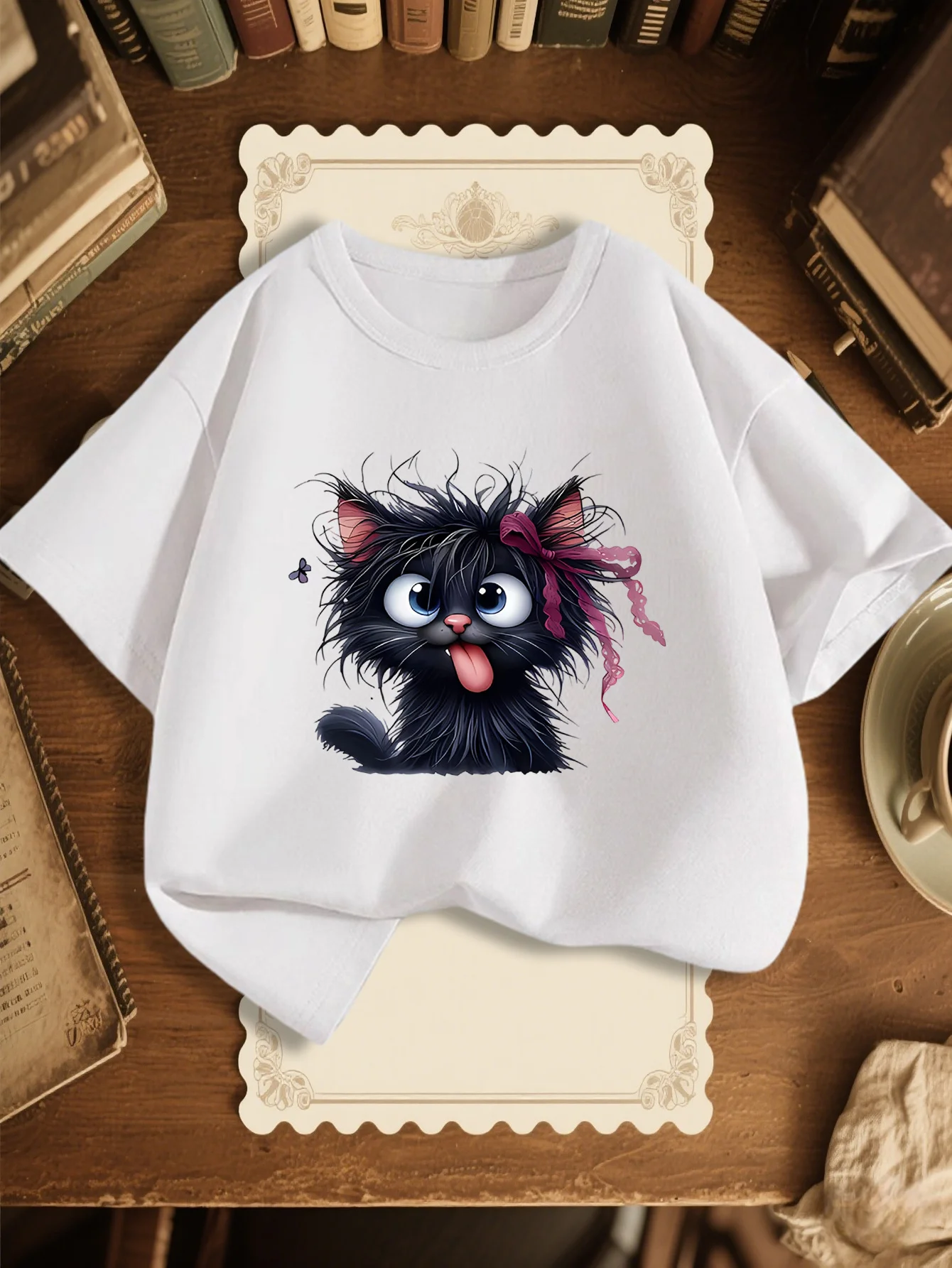 Cute Fluffy Black Cat Ribbon Print Graphic Kids Tee Boys Girls Family Matching Cotton Crew Neck Short Sleeve Soft Summer Tee