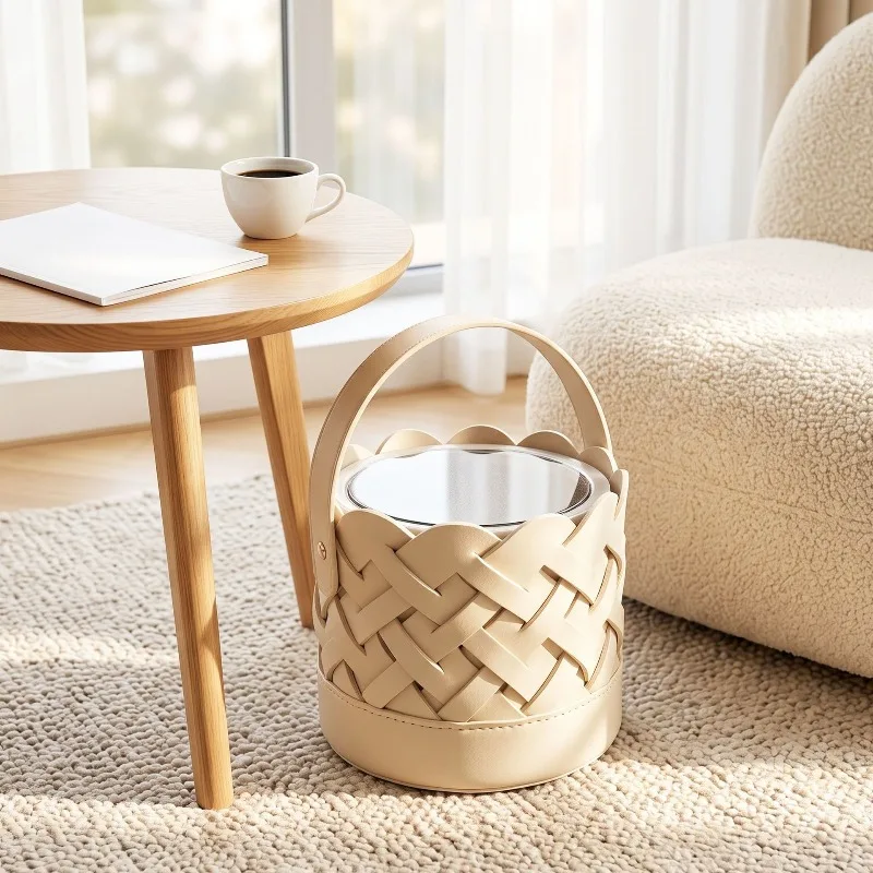 Leather Trash Bin with Lid Weaving WasteBasket with Handle Press Desktop Trash Can  Modern Luxury Creative Living Room Waste Bin