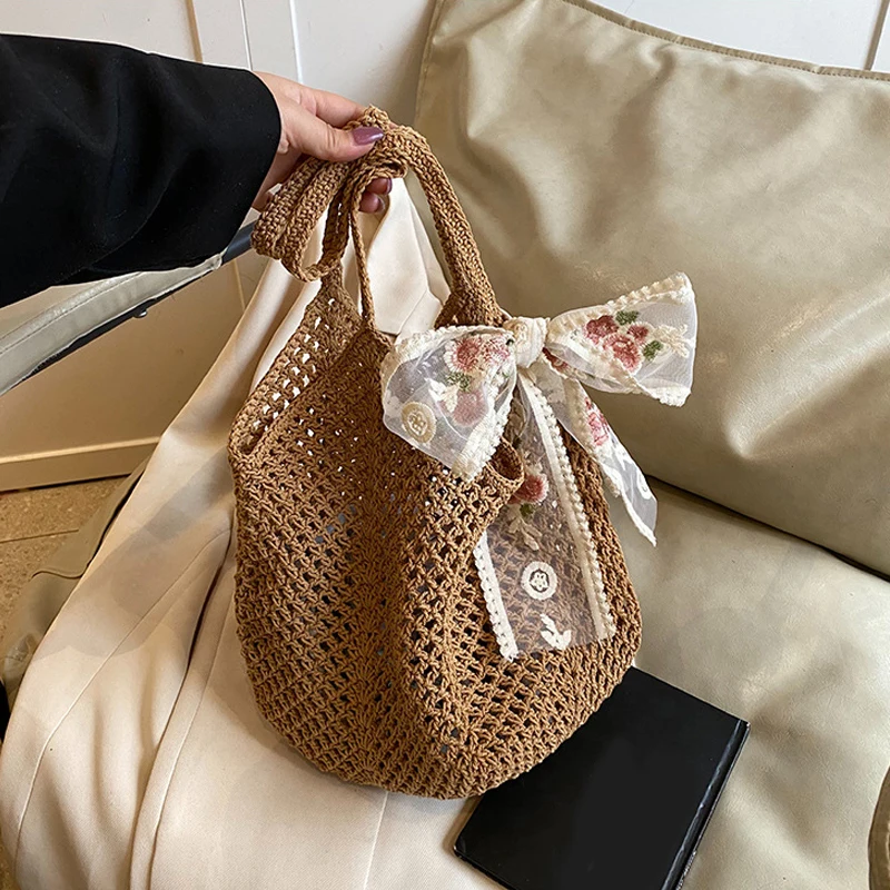 Sommer Spitze Bogen Tragetaschen Frauen Bast Stricken Gewebte Umhängetasche 2025, Rattan Große Casual Häkeln Einkaufstasche Damen Handtasche