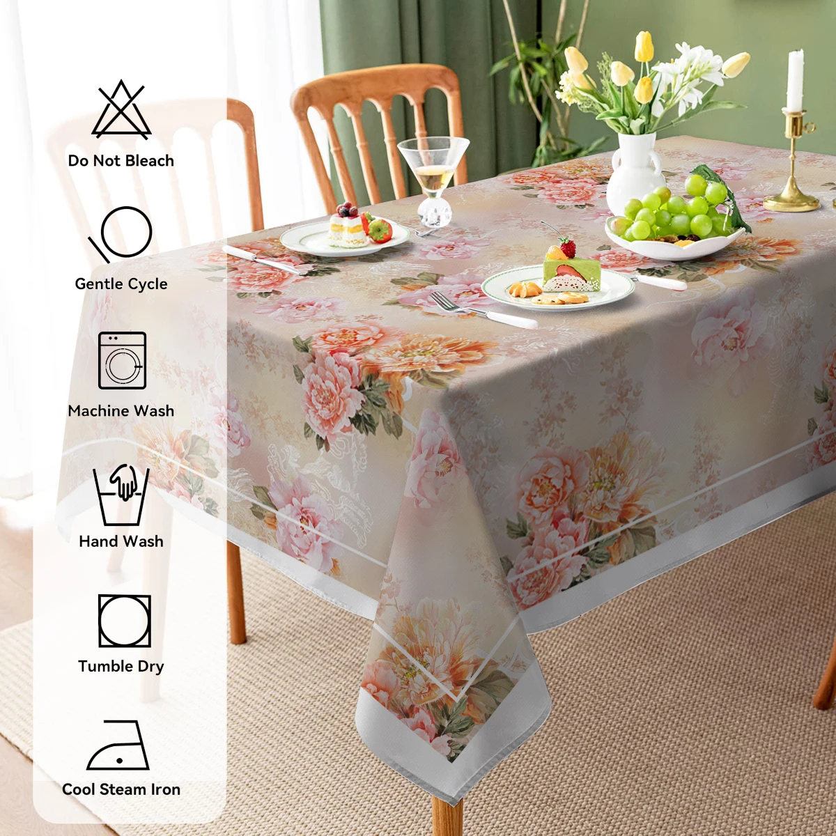 Flowers Flower Branch Fan Printed Waterproof Tablecloth Rectangular Home Party Kitchen Living Room Decor Table Protector Cloth