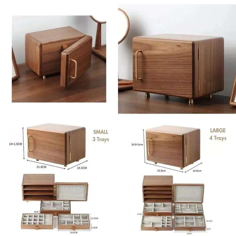 Wholesale wooden solid wood jewelry box with necklace ring bracket hanger and 3 drawers storage storage storage box display case