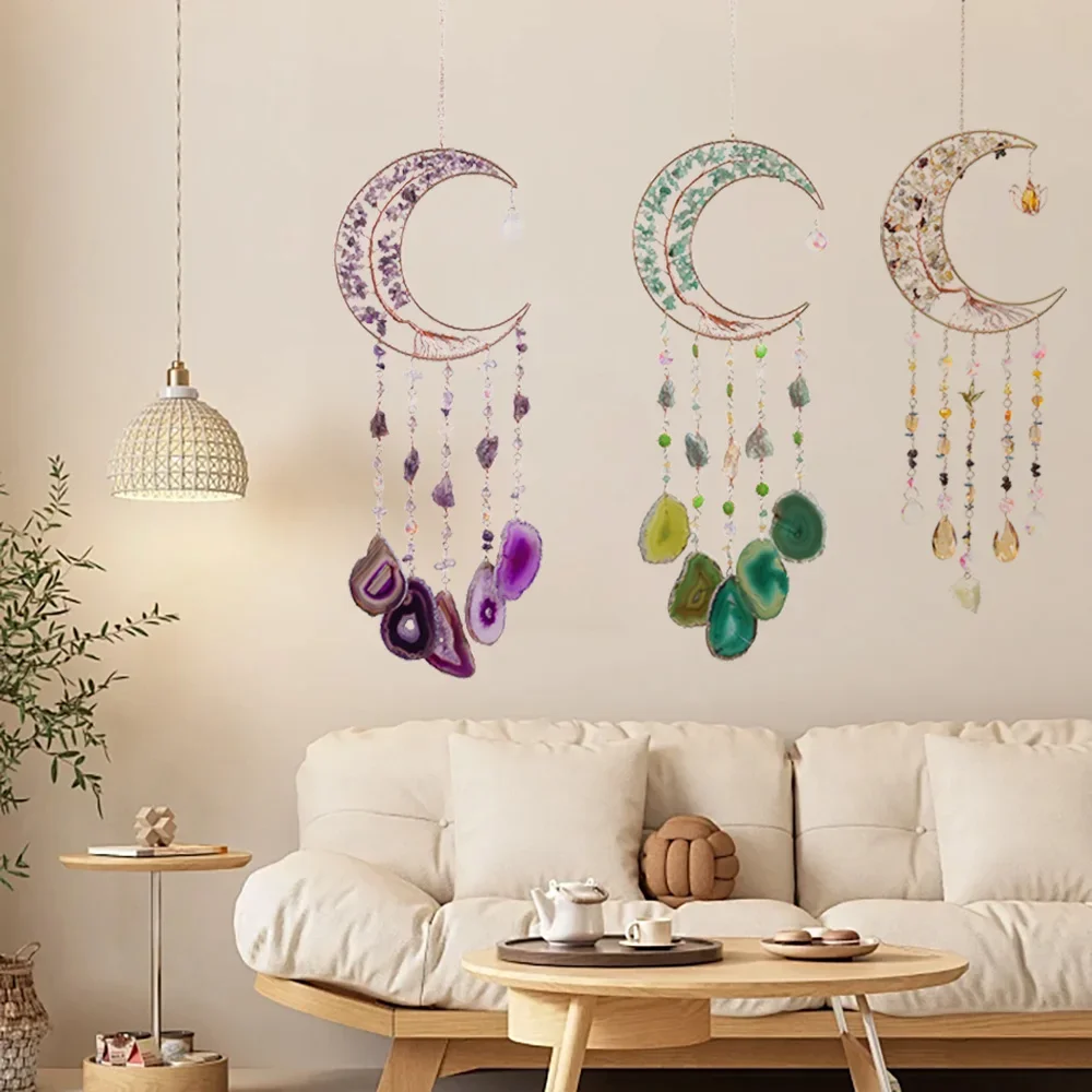 Birthday Christmas Gifts Moon Dream Catchers with Crystals Cute Room Decor for Teen Kids Boho Bedroom Wall Home Decorations