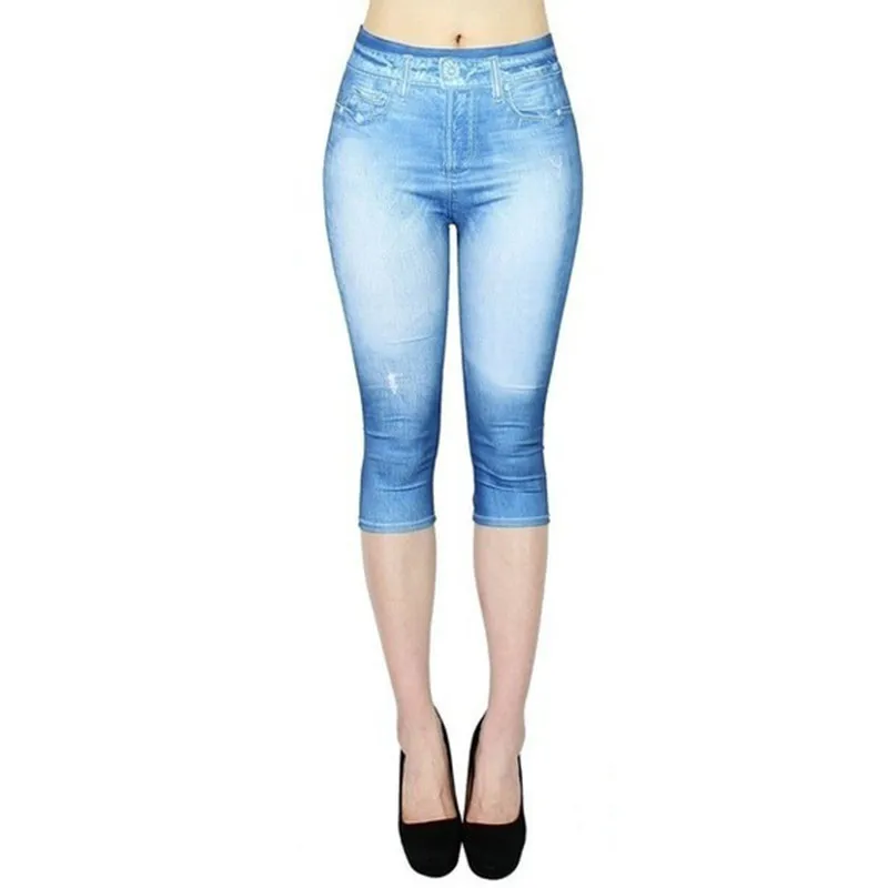 Frauen Drucken Imitation Denim Leggings Dünne Stretchy Kurzen Hosen Outdoor Jogging Walking Mode Hohe Taille Leggings – Detail 5