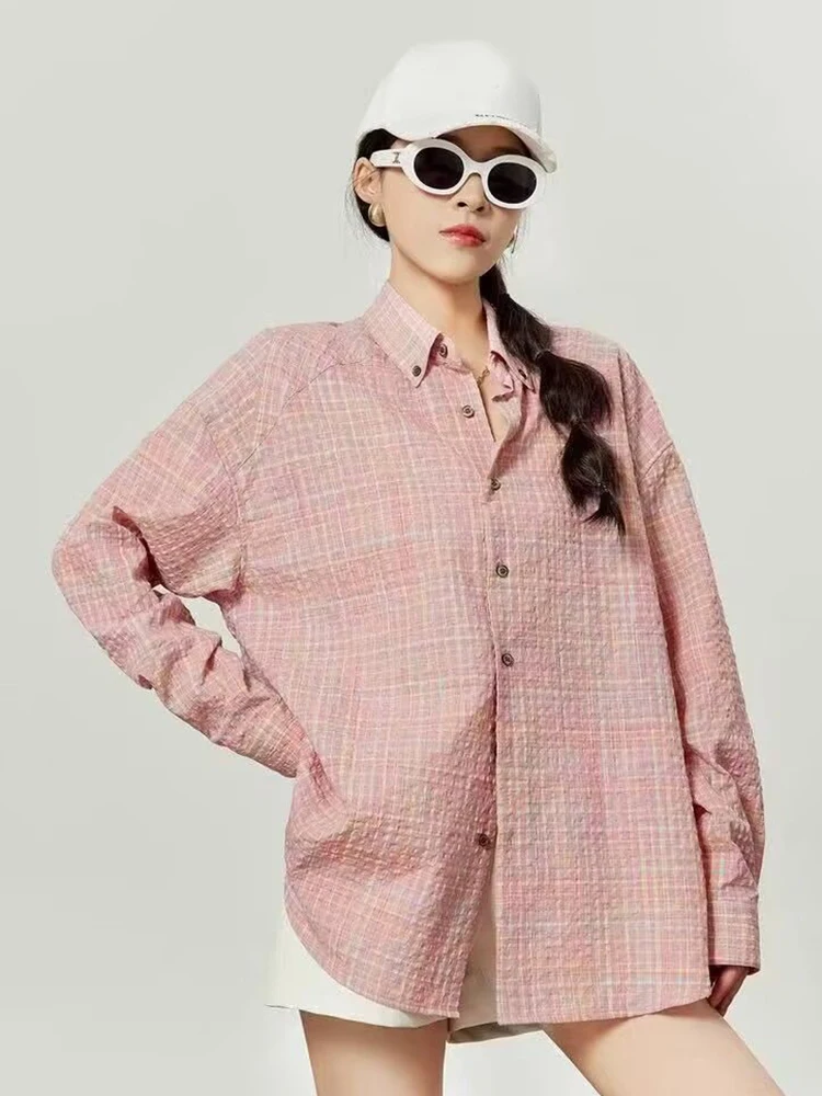 

Jmprs Свободная женская розовая клетчатая рубашка Винтажная осенняя новая американская блузка с длинным рукавом Повседневная оверсайз Ретро женская уличная одежда Y2K Топы