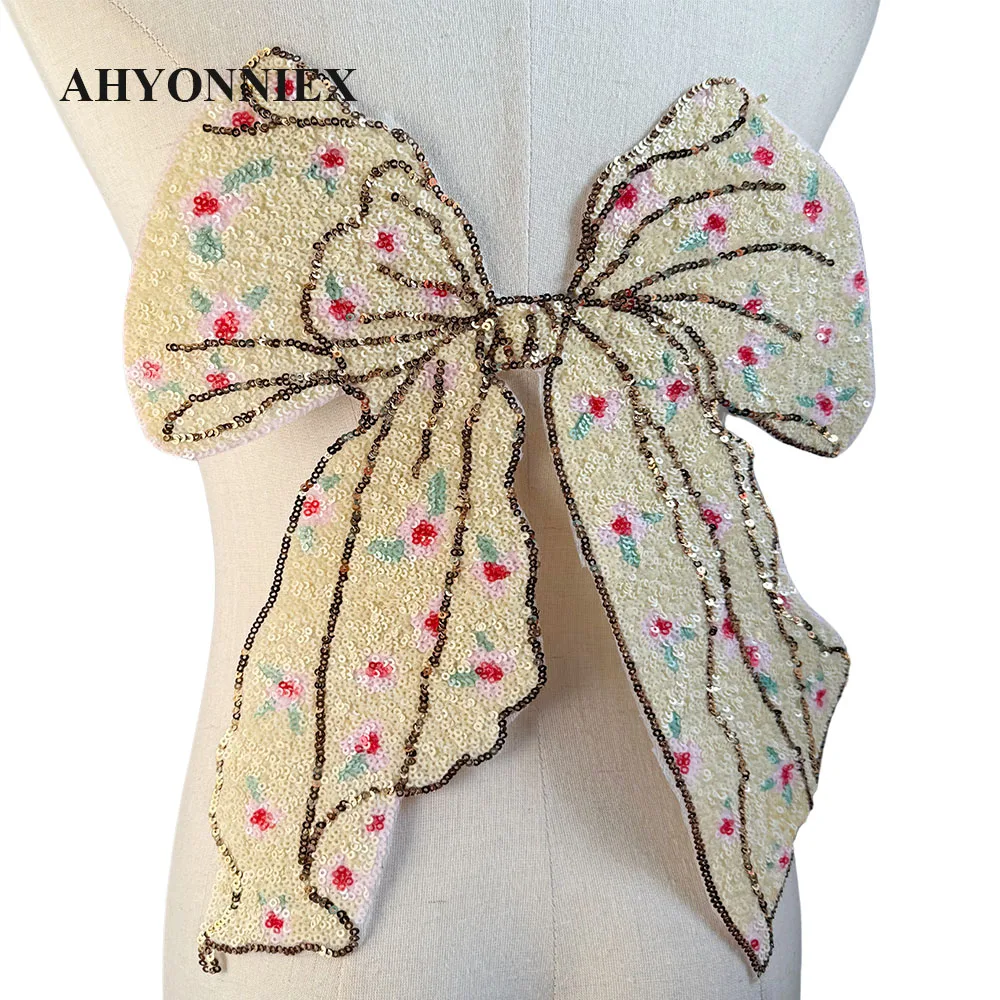 1 Piece Large Size Yellow Sequins Bow Patches DIY Applique for Fashion Clothes
