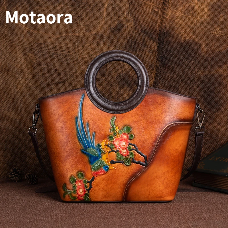 

MOTAORA Vintage Embossed Cow Leather Handbags Women Bag Fashion Female Handbag Real Cowhide Large Capacity Floral Shoulder Bags