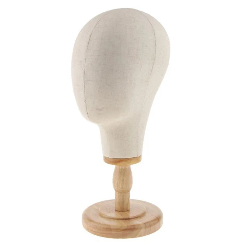 Wig Head Stand Mannequin Headhat Display Stand Linen Wig Holder, Canvas Dome + Detachable Wood Stand For Wigs,Hats,Caps