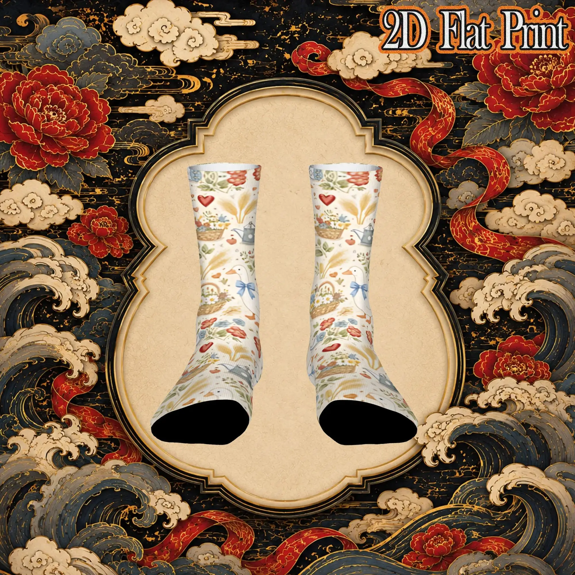 Vintage Basket Bird Floral Pattern Retro  Street Style Novelty Seamless Crew Creative Sock Sports Socks