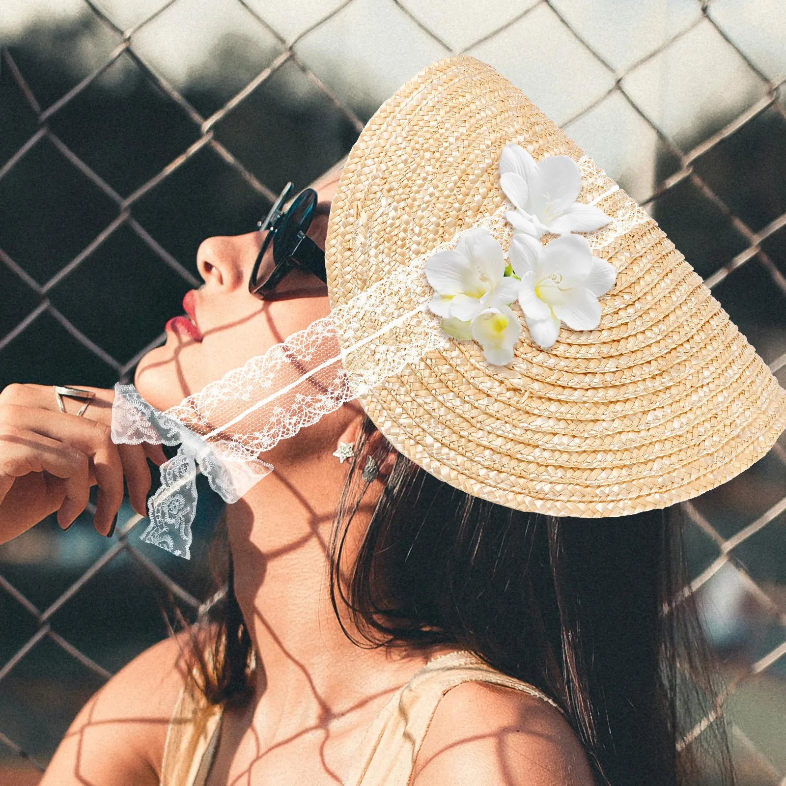 

Women Vintage Straw Woven Flat Bonnet Hat Lolita Style Sun Protection Beach Park Pool Hiking Outdoor Boho Head