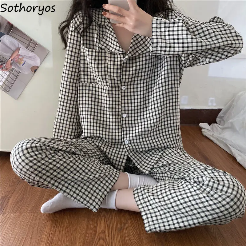 

Women Pajama Sets Large Size M-5XL Spring Plaid Sleepwear New Chic Student Long Sleeve Loose Two-pieces Simple Japanese Style