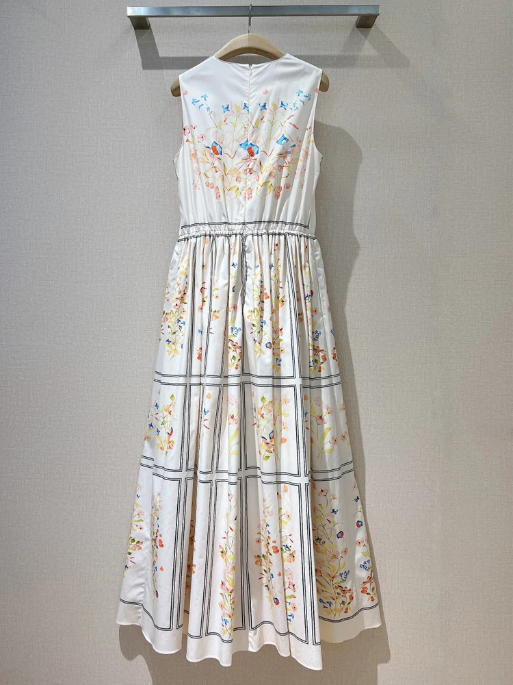 AELESEEN Runway Fashion Summer Dress Women Sleeveless Flower Print Elegant High Street Long Party Holiday Tank Vestidos