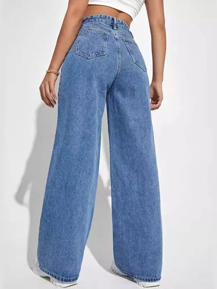 Jeans a gamba larga a vita alta Jeans da donna a gamba dritta Casual Sle jeans a vita alta elasticizzati a metà per ragazze Stagione primaverile Vestibilità ampia