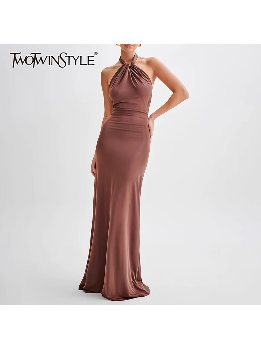 

TWOTWINSTYLE Solid Slimming Elegant Dresses For Women Halter Sleeeless High Waist Backless Minimalist Temperament Dress Female