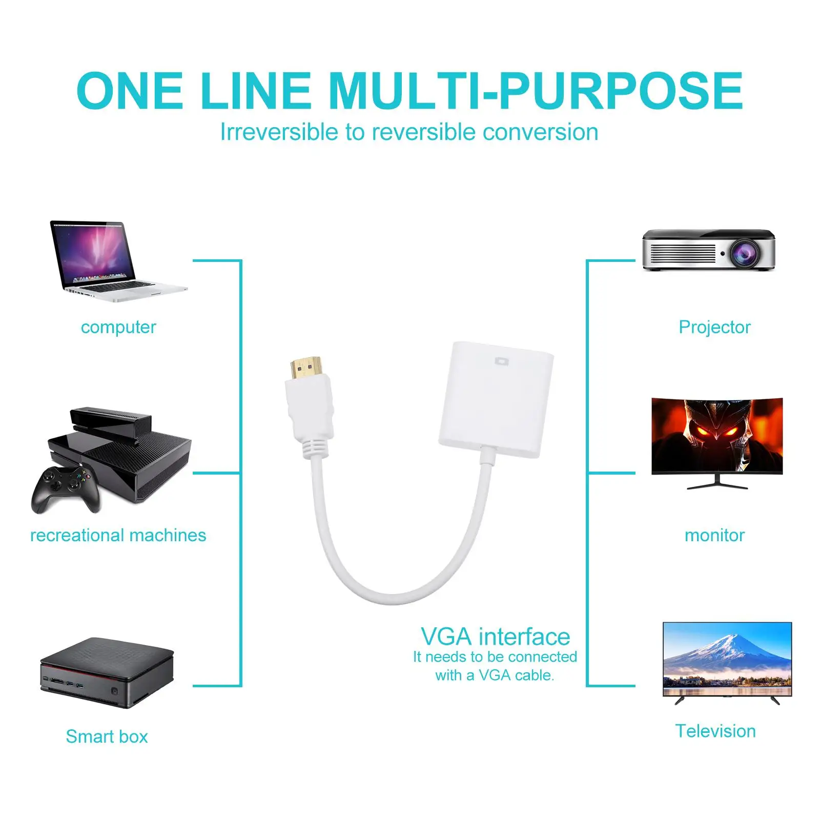 Vga Cable Video Adapter Durable Convert Portable High-definition Multifunction Output