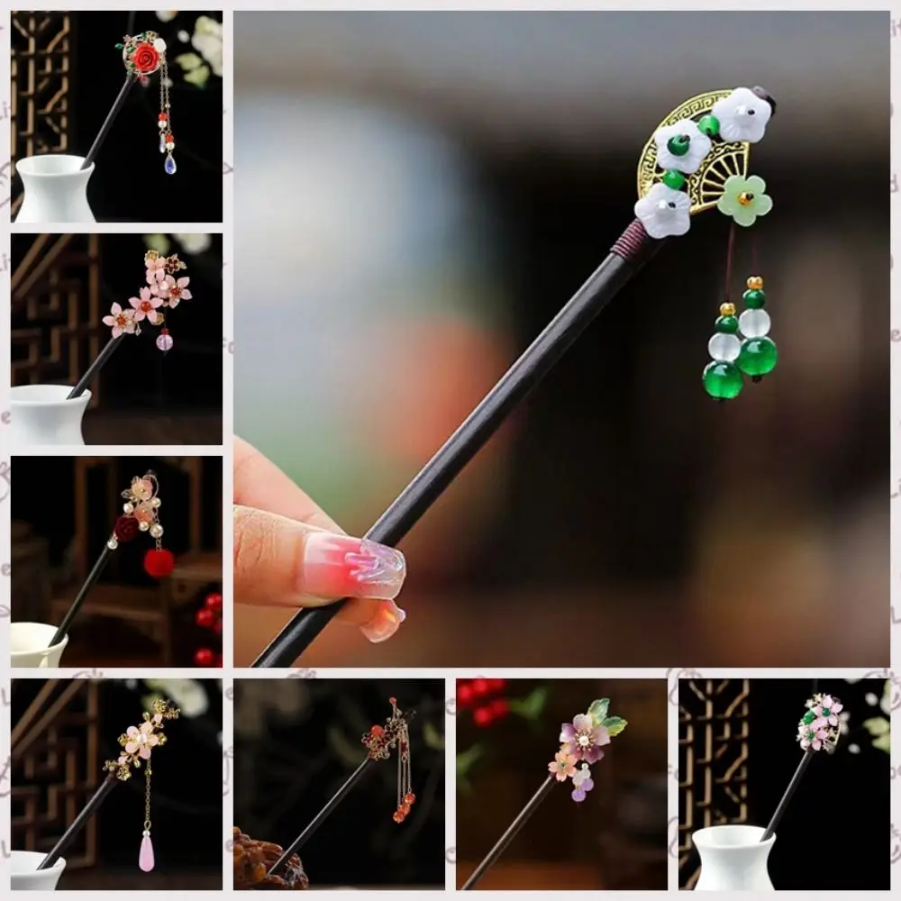 

Jewelry Accessories Wooden New Chinese Hair Stick Vintage Flower Hanfu Hair Bun Handmade with Tassel Hairpin Fork for Hanfu