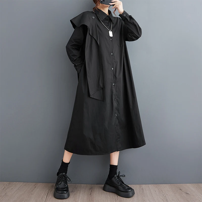 

#3758 Black A-line Dress Women Turn-down Collar Split Joint Ruffles Streetwear Asymmetrical Midi Dress Long Sleeve Loose Spring