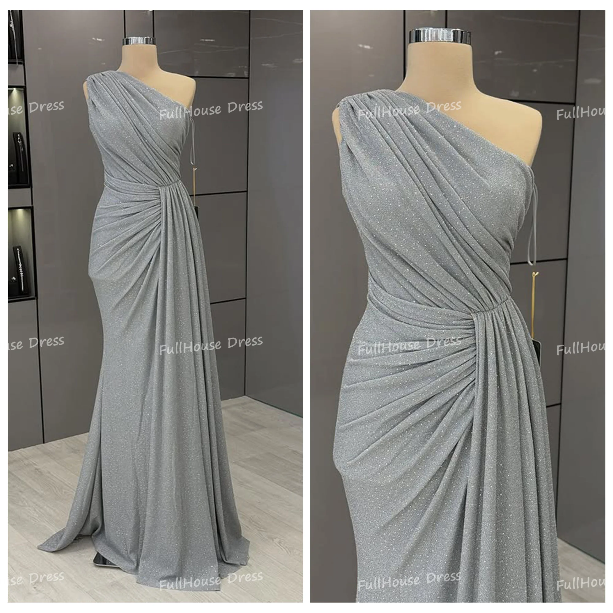 

Custom Made Muslim One Shoulder Tiered Pleated Sexy Sheath Backless Sequins Shiny Side Split Saudi Arab Dress with Sweep Train